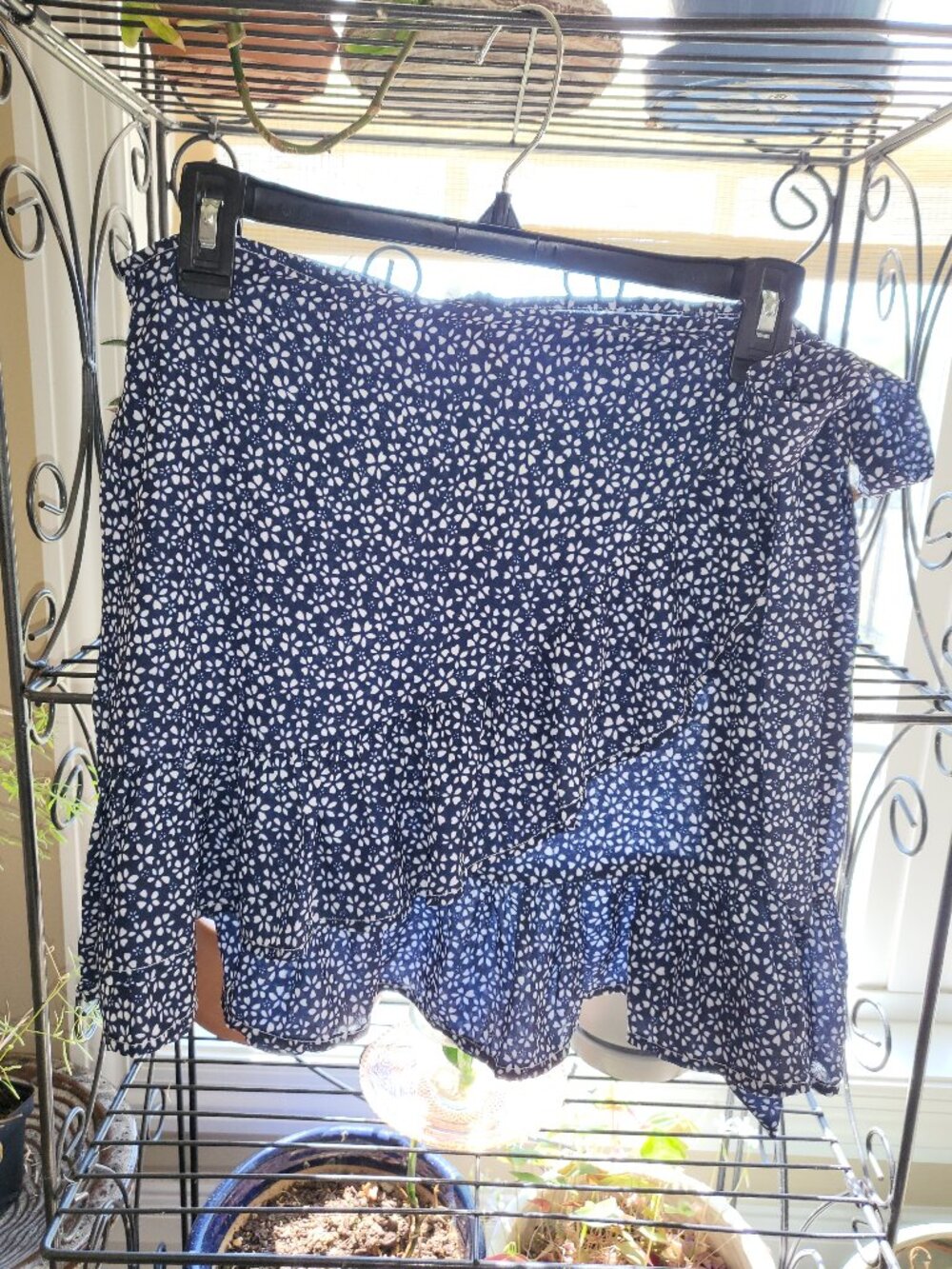 Navy Blue Floral Ruffle Wrap Mini Skirt Size Large L Faux Wrap